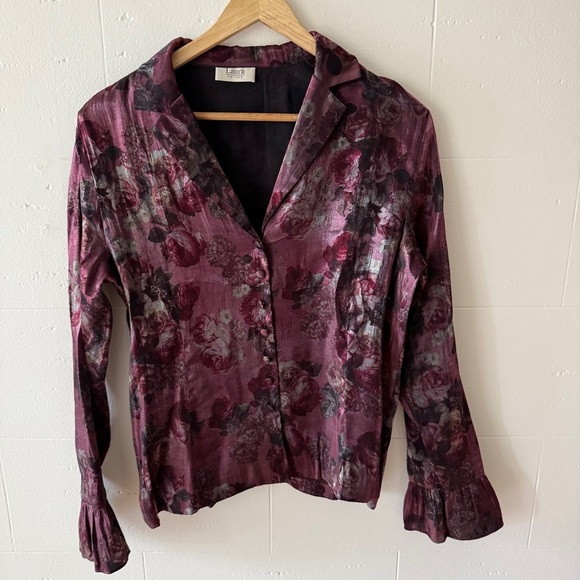 Vintage Floral Satin Blouse with Ruffled Cuffs - Picture 1 of 9